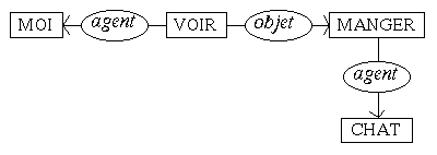 [MOI] <-(agent)- [VOIR] -(objet)-> [MANGER] -(agent)->
[CHAT]